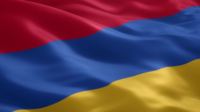 Waving Armenian flag gracefully blowing in the wind, a symbol of national pride and patriotic spirit, vibrant colors of red, blue, and gold