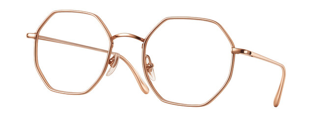 Hexagonal eyeglasses with a rose gold metal frame.
