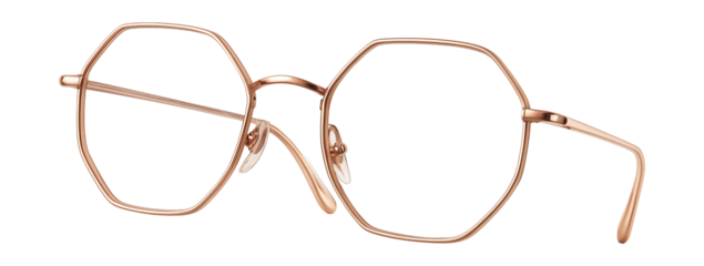 Hexagonal eyeglasses with a rose gold metal frame.