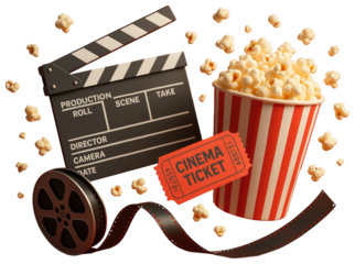Movie night concept with popcorn clapperboard film reel and cinema ticket on red background graphic design isolated on a transparent background