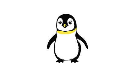 Simple and adorable cartoon baby emperor penguin with a yellow marking on its neck standing and looking forward on white.