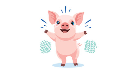 Joyful and energetic cartoon piglet standing with arms outstretched and a big happy smile celebrating on a white background.