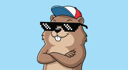 Cool cartoon groundhog character wearing a baseball cap and pixelated sunglasses with its arms crossed smugly on a blue background.