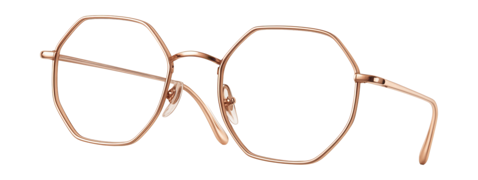 Hexagonal eyeglasses with a rose gold metal frame.