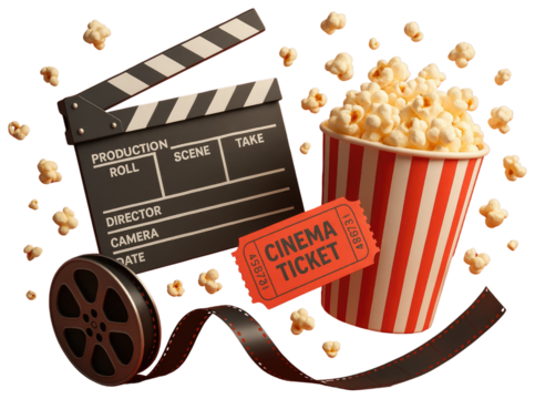 Movie night concept with popcorn clapperboard film reel and cinema ticket on red background graphic design isolated on a transparent background
