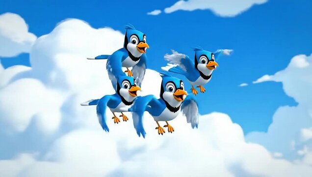 Cartoon Blue Birds Flying Sky Animation Group Mascot