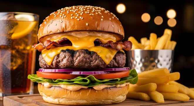 Delicious classic cheeseburger with juicy beef, crispy bacon, melted cheese, fresh toppings, served with golden french fries and a refreshing cold drink