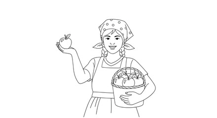 Line art coloring page of a friendly female farmer in an apron and headscarf holding a basket of apples and one apple.