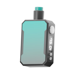 A modern 3D rendered vape mod with a teal panel and digital display, isolated on a white background.