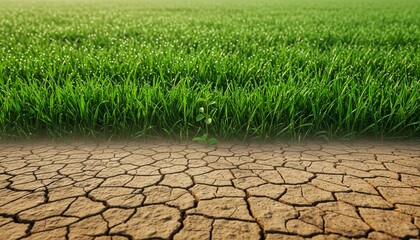 Hope blooms anew a single plant grows between lush green grass and cracked dry earth