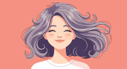 Beautiful young woman with voluminous purple-gray hair and a happy closed-eye smile against a solid pink background.