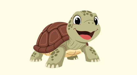 Happy and friendly cartoon tortoise with a big smile and a brown shell walking on a light yellow background for design.