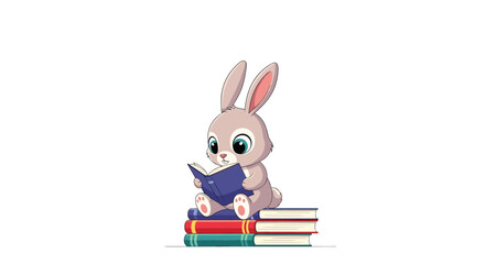 Adorable cartoon bunny sitting on a stack of colorful books and intently reading a story on a clean white background.