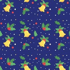 Festive Christmas seamless pattern. Bells, holly leaves and snow on dark blue background.
