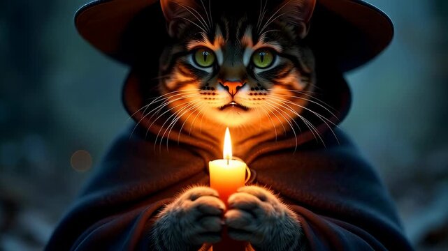 Close-up mysterious cat in dark cloak and wide-brim hat holding glowing candle in magical atmosphere, animated