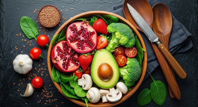 Fresh produce bowl with colorful fruits, vegetables, seeds, garlic, and kitchenware on dark stone background - Powered by Adobe
