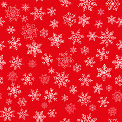 A vibrant and festive repeating graphic pattern featuring various white outline snowflakes scattered densely across a bright solid red background.