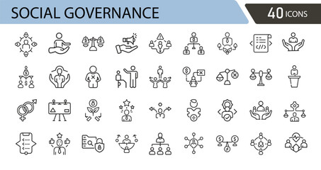Social governance related icons set including policy, regulation, community, leadership, transparency, public welfare, and accountability.  Outline icons.
