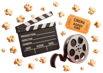 Movie night concept with popcorn clapperboard film reel and cinema ticket on red background graphic design isolated on a transparent background