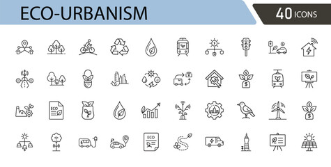 Eco-urbanism related icons set including sustainable city, green building, clean energy, public transport, recycling, community spaces, and environmental planning. Outline icons.