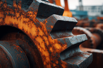 Close-up of a large industrial gear displaying rust and grime, indicating frequent use. This gear is part of heavy machinery at a construction site during midday, emphasizing its ruggedness