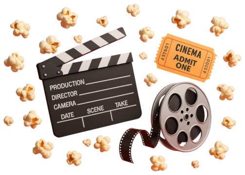 Movie night concept with popcorn clapperboard film reel and cinema ticket on red background graphic design isolated on a transparent background