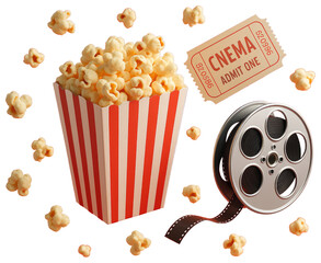 Movie Time Popcorn, Ticket, and Film Reel with Scattered Kernels cinema entertainment isolated on a transparent background