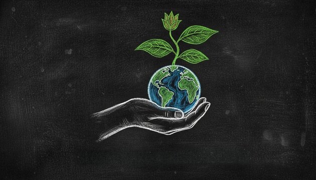 Protecting our planet with care, a hand holding Earth in a chalkboard drawing
