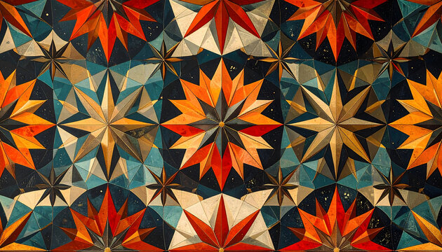 Groovy Retro Repeat, Christmas: Groovy Christmas bold geometric motifs display vintage tones disco stars seamless pattern, retro vibe