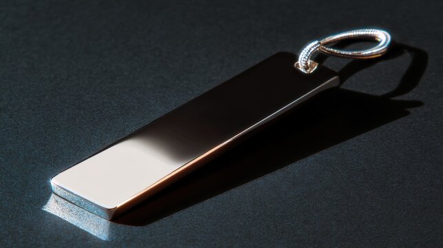 Rectangular rectangular pendant with a silver chain attached to it. the pendant is resting on a black surface with a shadow cast on it, creating a contrast between the two colors.