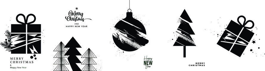 Modern Minimalist Christmas Illustration Set – Abstract Trees, Gifts & Holiday Decor