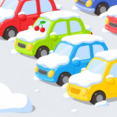 Colorful cars parked under snow in winter landscape  