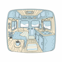 Cozy camper van interior with kitchen and relaxing sleeping area  