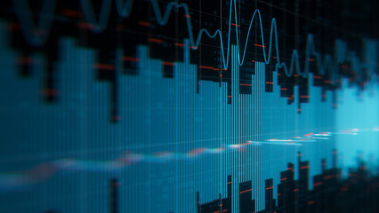 Closeup of Big Data sound complex graph background with shallow DOF. Cyber space of Audio AI technology. Futuristic graph. Digital audio information presentation.