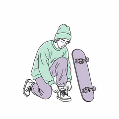 Young man tying shoelaces while kneeling beside skateboard  