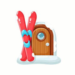 Red skis leaning against wooden cabin door in snowy environment  