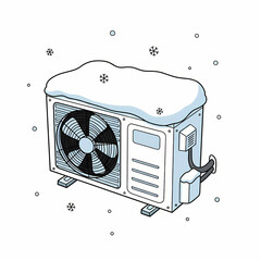 Air conditioning unit covered in snow with falling snowflakes  
