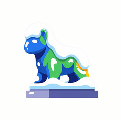 Colorful statue covered in snow on a base in winter scene  