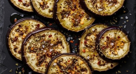 Cooked eggplant slices seasoned with dry herbs, red chili flakes and coarse salt on a dark stone surface