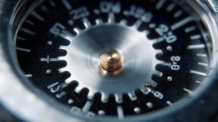 Close-up of a combination lock. the lock has a black dial with white numbers and markings. in the center of the dial, there is a circular metal ring with a small copper-colored spiral in the middle.