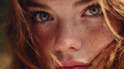 Close-up of a woman’s face with freckles, red hair framing her face. Her eyes are focused, lips slightly parted. Soft lighting highlights skin texture and hair details.
