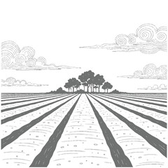 Monoline Rural Landscape with Fields and Trees Line art