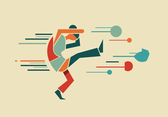 Dynamic abstract kicking figure with geometric shapes in motion