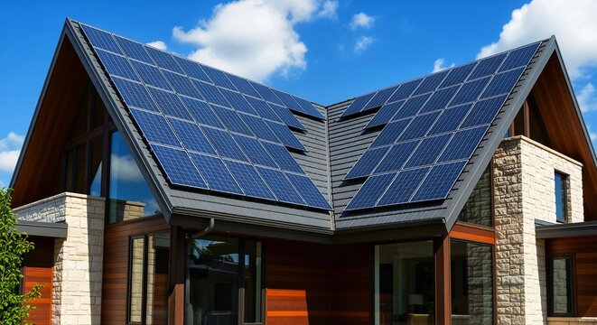 Modern home with solar panels offers sustainable living with clean energy solutions