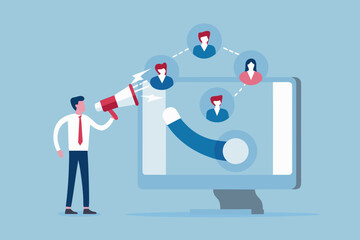 Businessman with megaphone communicating with network of people on computer screen