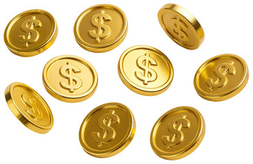 Scattered Golden Dollar Coins with Dollar Sign currency money isolated on a transparent background