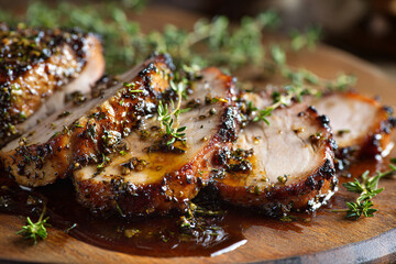 Roasted pork loin with herbs and spices on a wooden cutting board.