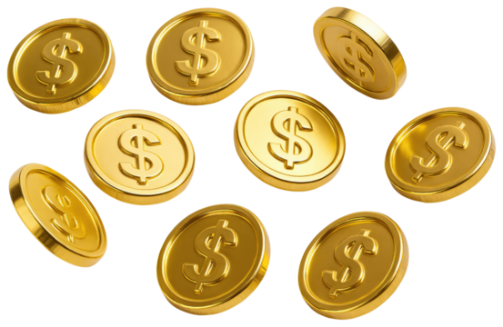 Scattered Golden Dollar Coins with Dollar Sign currency money isolated on a transparent background