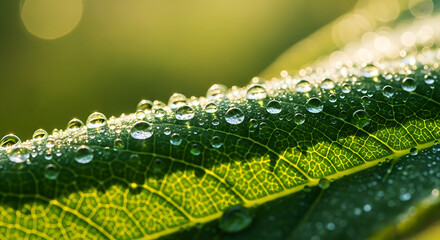 Macro Dew Drops on Green Leaf Veins with Morning Backlight