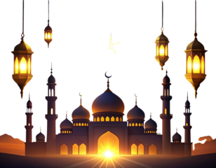Islamic Mosque Silhouette with Crescent Moon and Lanterns PNG